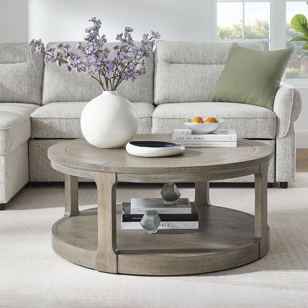 English Elm 40inch Two Tier Round Pine Wood Coffee Table with Wheels Rustic Vintage Living Room W2582P308198