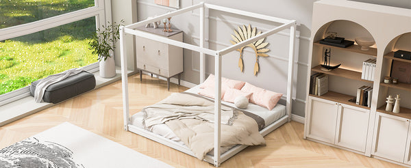 English Elm King Canopy Platform Bed with Support Legs, Sturdy Pine & MDF Slat Base for Cool, Fresh Mattress White WF309290AAK