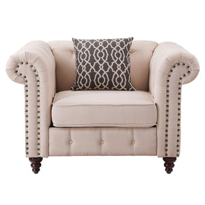 English Elm Aurelia Beige Linen Armchair with Tufted Chesterfield Arms, Nailhead Trim & Accent Pillow —luxury comfort B2726P255739