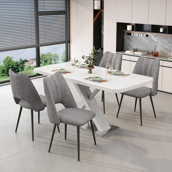 English Elm 5-Piece Modern Retractable Dining Set with Upholstered Chairs, Space-Saving Extendable Table for 4-6 Grey+White W757S00042