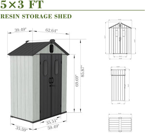 English Elm 5x3ft Outdoor Resin Storage Shed Lockable Doors Vented Gable Roof Backyard Garden W1859P421877