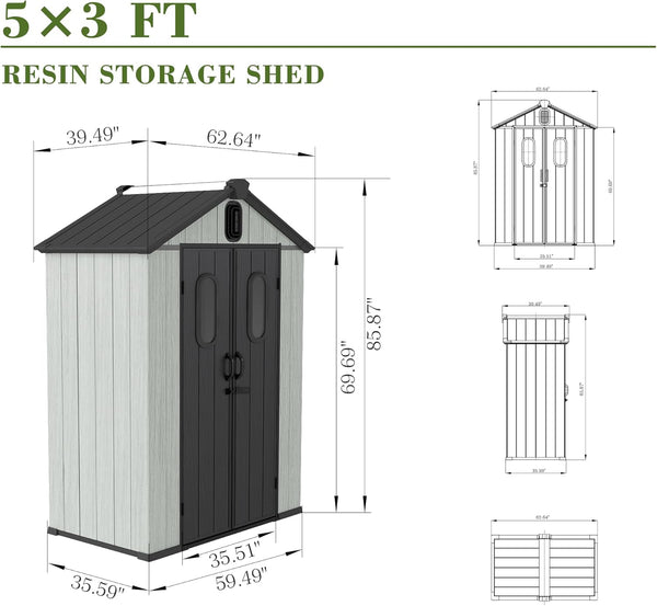 English Elm 5x3ft Outdoor Resin Storage Shed Lockable Doors Vented Gable Roof Backyard Garden W1859P421877