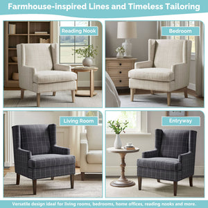JLA Home Martha Stewart - Plaid Wingback Armchair with Windowpane Upholstery, Removable T-Cushion, Tapered Wood Legs, Farmhouse Elegance MT100-0106