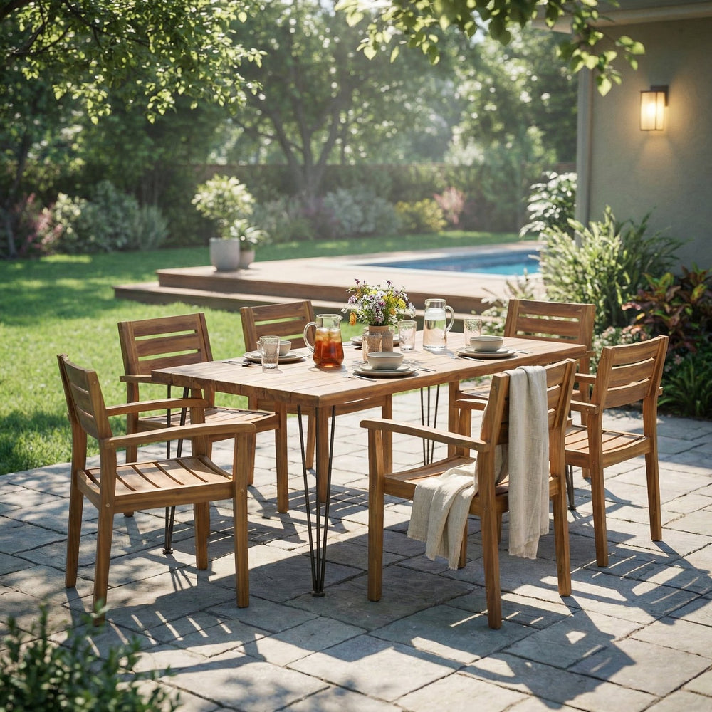 English Elm 7 Piece Solid Acacia Outdoor Dining Set with Iron Hairpin Legs Teak Finish Seats Six N762S000035AAA