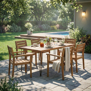 English Elm 7 Piece Solid Acacia Outdoor Dining Set with Iron Hairpin Legs Teak Finish Seats Six N762S000035AAA