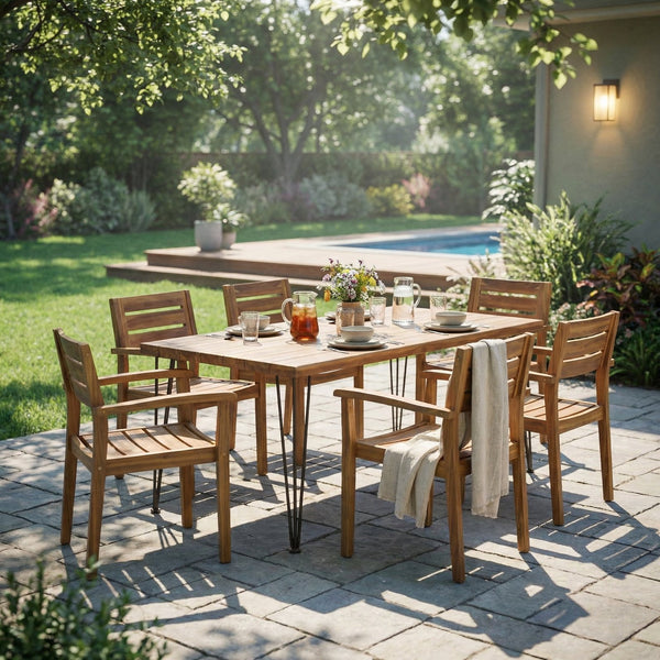 English Elm 7 Piece Solid Acacia Outdoor Dining Set with Iron Hairpin Legs Teak Finish Seats Six N762S000035AAA