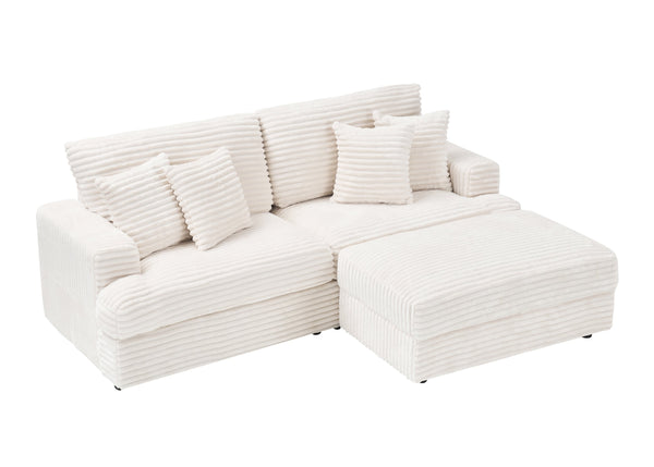 English Elm 82-Inch White Corduroy Sofa With Storage Footstool & 4 Pillows - Stylish Comfort For Any Space! W1658S00106