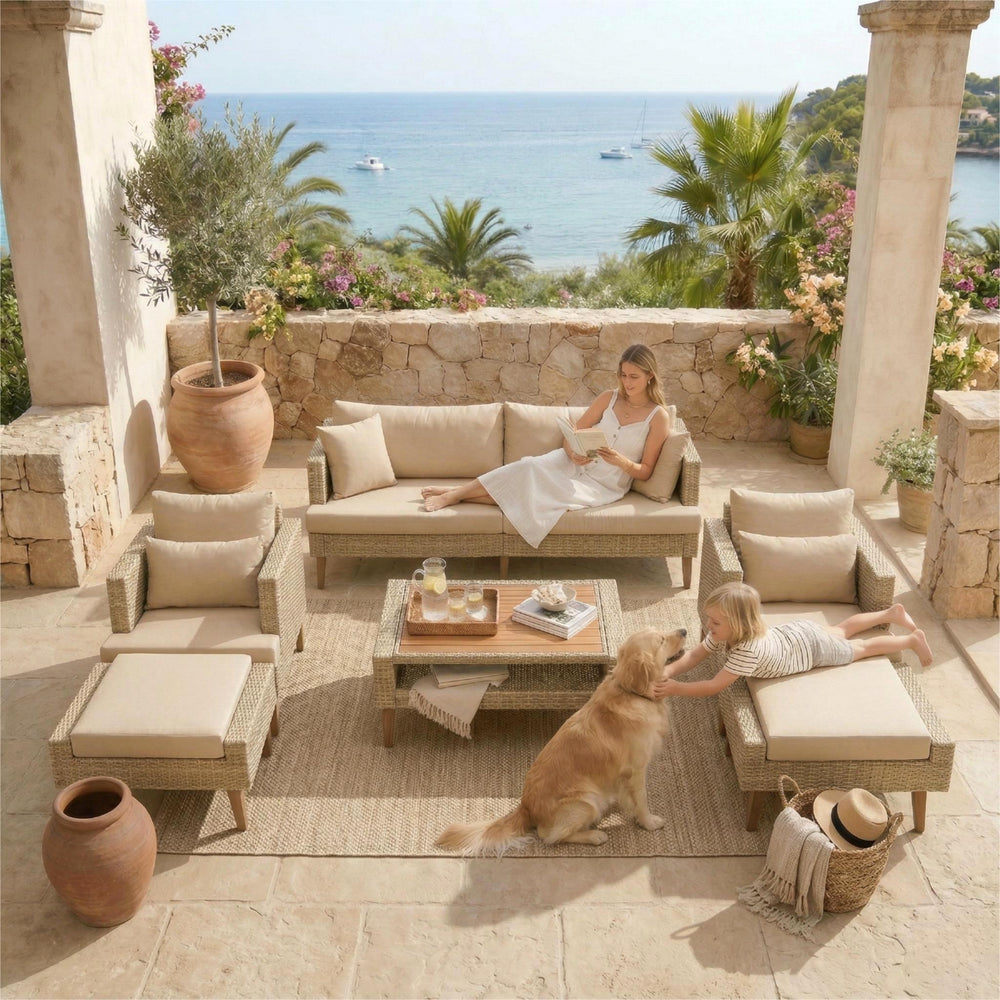 English Elm <old Old Sku Pe Wicker Six Piece Patio Conversation Set Acacia Wood Cushioned Outdoor Sofa Brown N704G201219D
