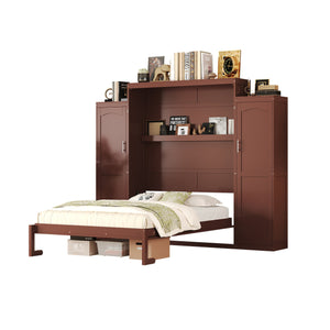 English Elm Queen Murphy Wall Bed Walnut Wooden Frame Dual Wardrobes Foldable Guest Room Storage N733S235627D