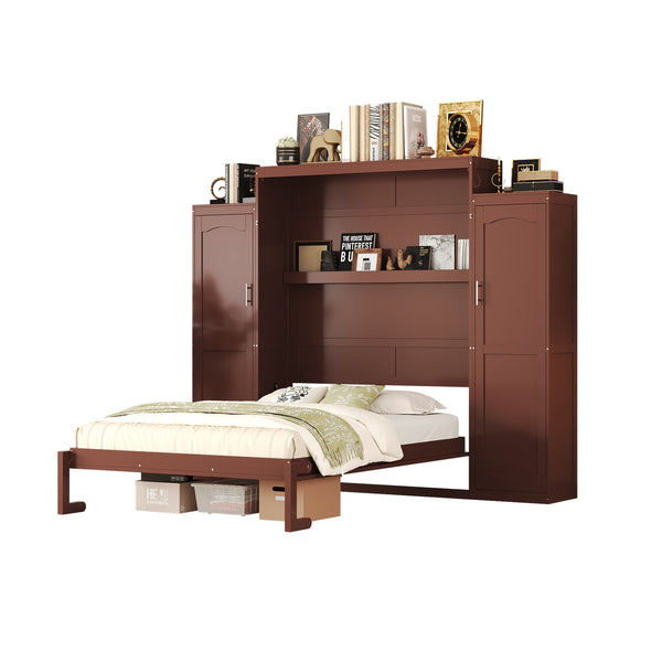 English Elm Queen Murphy Wall Bed Walnut Wooden Frame Dual Wardrobes Foldable Guest Room Storage N733S235627D