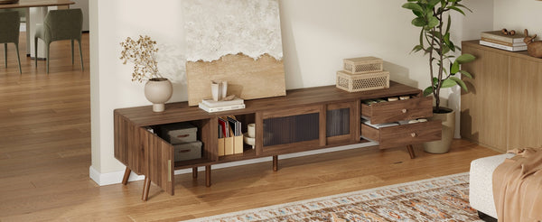 English Elm 76" Modern Minimal TV Stand with Waveform Glass Doors, Soft-Close Drawers, Cable Management, Solid Wood Legs (Fits TVs up to 85") N710P298234P