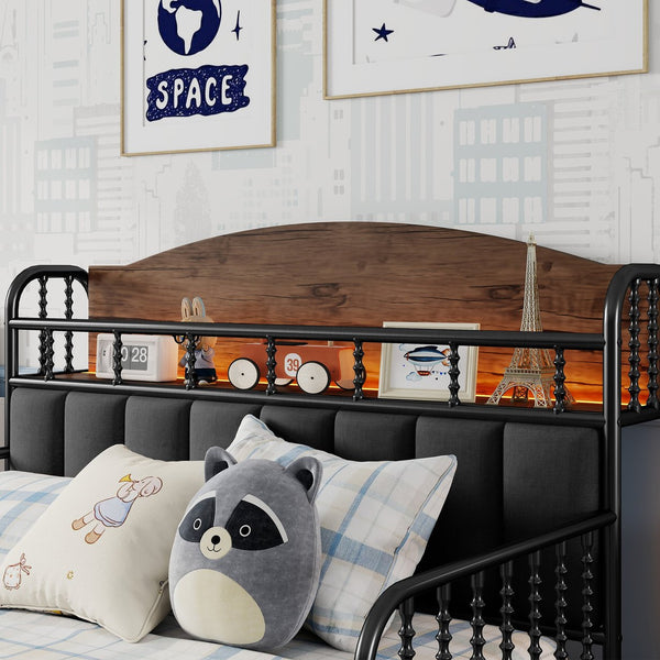 English Elm Full Solid Wood Kids Platform Bed with Guardrail, Low-Profile Durable Pine & MDF, 350LB Capacity Black 58.27 L x 16.93 W x 9.65 H W2593P337445