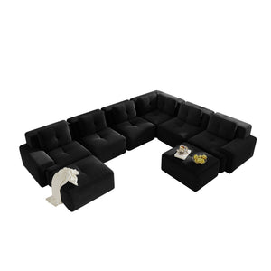 English Elm Modular Corduroy Sectional Sofa 6 Seat V Shaped Corner Couch with Ottomans Living Room Black W714S01587