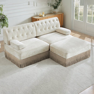 English Elm L-shaped Velvet Chesterfield Sectional Sofa with Tassel Skirt and Tufted Modular Design Beige W714S01682