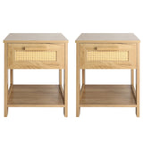 English Elm Nightstand Set Of 2, 2 Drawer Dresser For Bedroom, Small Dresser With 2 Drawers and Two Open Storage Shelf, Bedside Furniture, Night Stand, End Table With Rattan Design, Natural Color