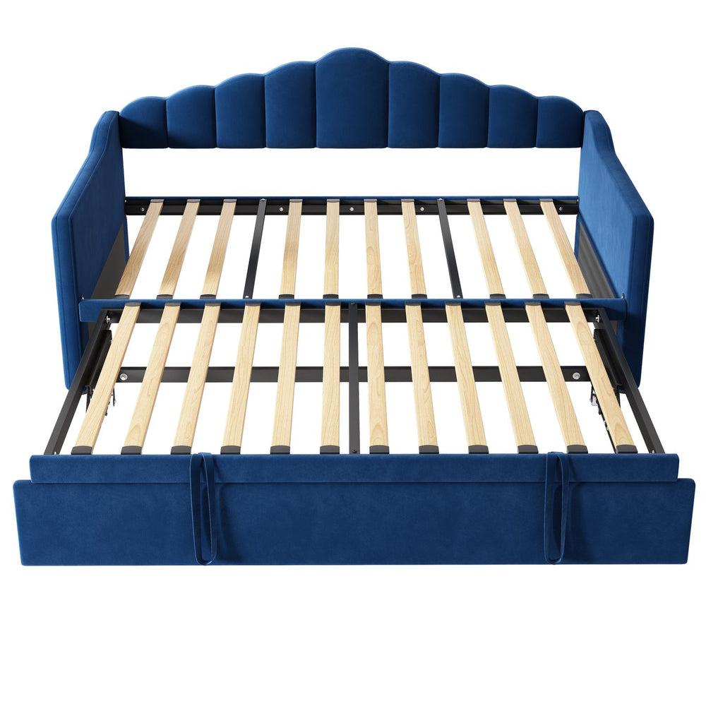 English Elm Upholstered Twin Daybed with Pop-Up Trundle, Built-In USB Type-C Charger, Side Pockets, Velvet Frame Blue 77.25 L x 17.25 W x 5.31 H N733S285118C