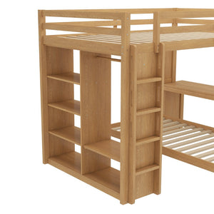 English Elm Queen Over Twin Bunk Bed With Built-In Desk, Storage, And Dismountable Lower Bed - Natural Wood W1580S00216-GIGA