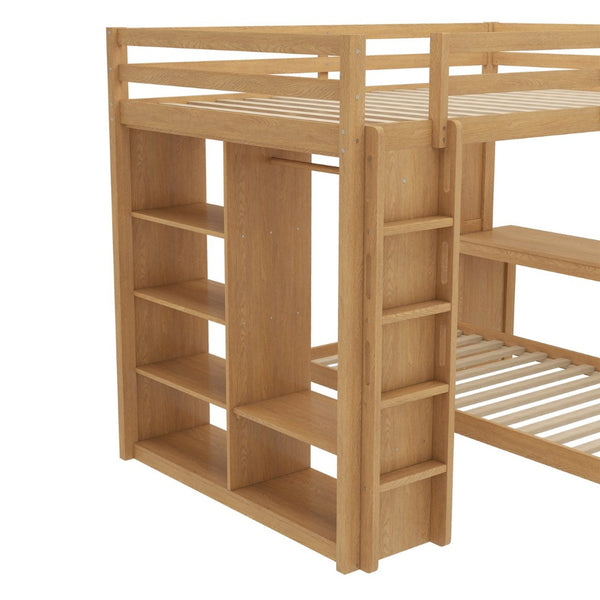 English Elm Queen Over Twin Bunk Bed With Built-In Desk, Storage, And Dismountable Lower Bed - Natural Wood W1580S00216-GIGA