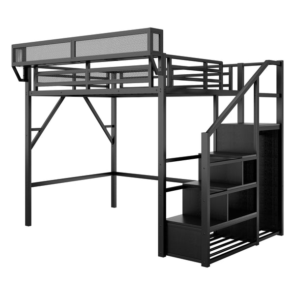 English Elm Full Size Loft Bed With Stairs And Storage Shelves – Stylish Black Metal High Loft Bed For Kids & Teens W2580S00037