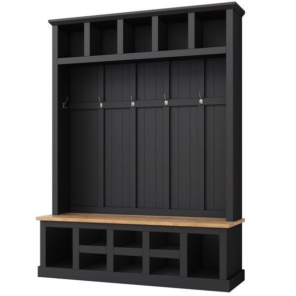 English Elm Hall Tree with Silver Hooks Open Shelving and Wood Grain Bench for Entryway Storage WF326067AAB