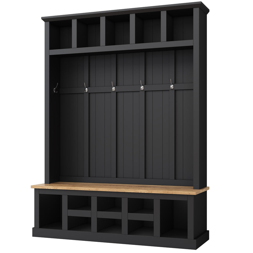 English Elm Hall Tree with Silver Hooks Open Shelving and Wood Grain Bench for Entryway Storage WF326066AAB