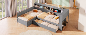 English Elm Wood Twin L-shaped Platform Bed Trundle Shelves Charging Station Kids Room Grey N7090001045E-1