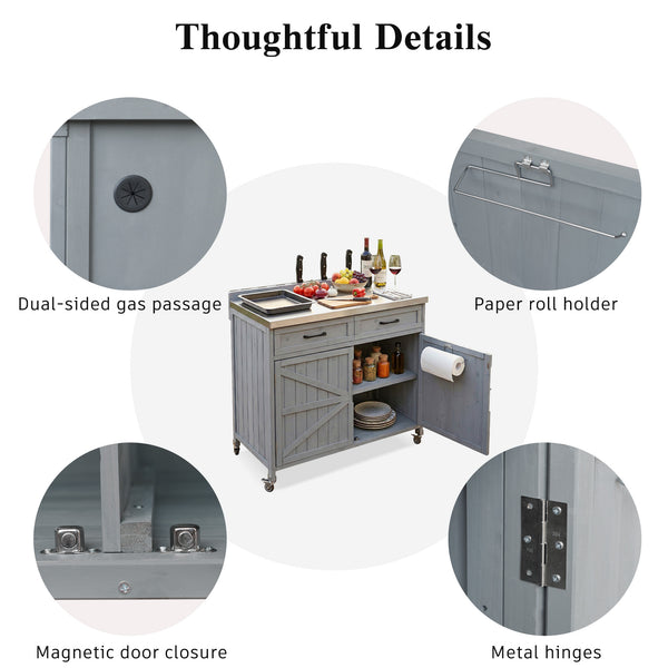 English Elm K&k Outdoor Prep Station Stainless Steel Top Fir Wood Cabinet with Drawer and Wheels Grey+Blue N707P370273G
