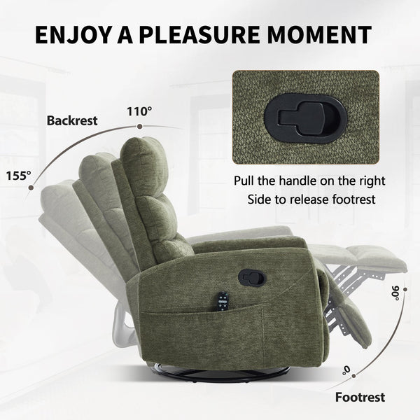 English Elm Heat Massage Rocker Recliner with Swivel Base Vibrating Nodes Lumbar Relief Fabric W3224P357572
