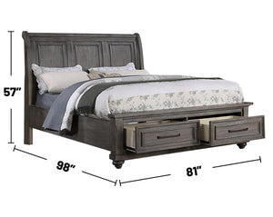 English Elm Eastern King Sleigh Bed with Underbed Storage Drawers Gray Vintage 3-Panel Headboard 94x81x57" B011S01401
