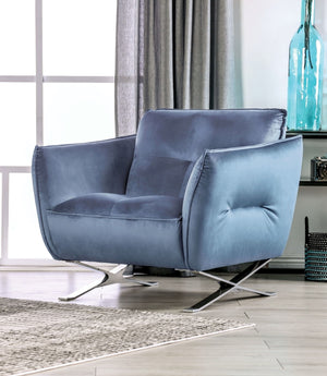 English Elm Contemporary Mezzanotte Italian Leather Armchair with Track Arms, Welted Box Cushions & Metal Legs Light Blue 36 L x 37 W x 28 H B2741S00591