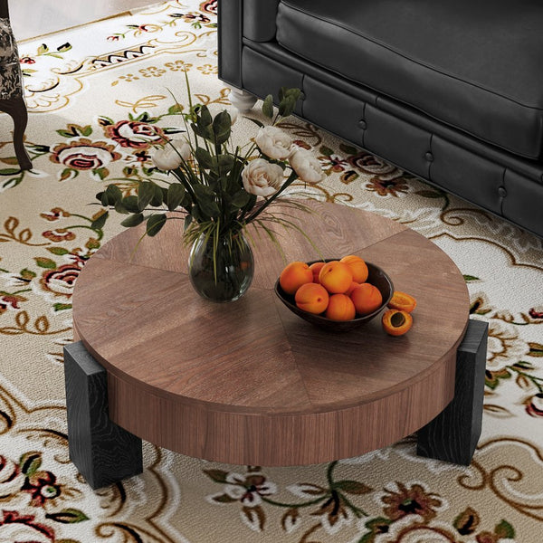 English Elm 33'' Round Coffee Table Parquet Veneer Flip Top Hidden Storage Wabi-sabi Living Room Walnut+Black W1435P419321