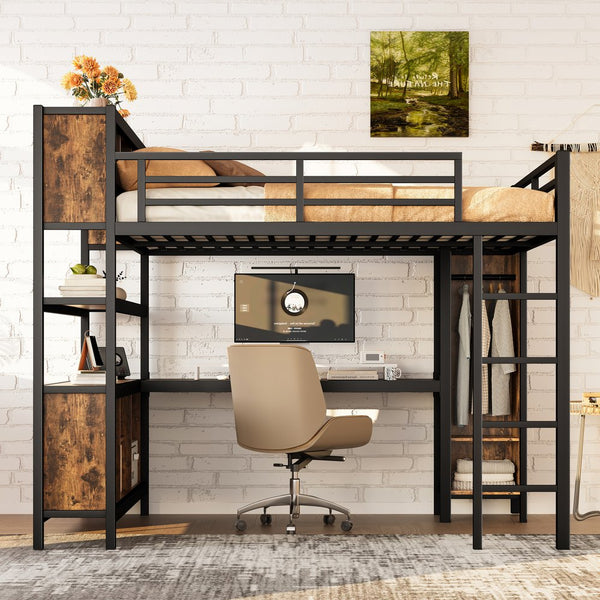 English Elm Metal Queen Loft Bed With L-Shaped Desk, Wardrobe, And Storage Cubes - Stylish Space Saver! W1580S00184
