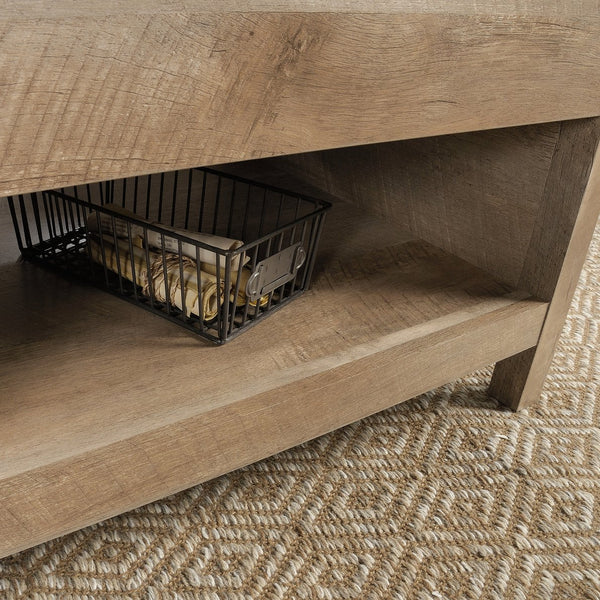 English Elm Lift-Top Coffee Table With Hidden Storage & Open Shelves - Modern Brown Finish For Versatile Living Spaces B356P367802