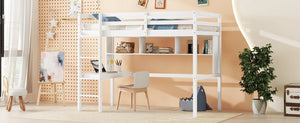 English Elm Twin Loft Bed with Built-In Desk and Bookcase, Pine Frame, Safety Guardrail, Ladder for Study Space White W504P181854