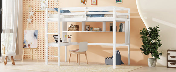 English Elm Twin Loft Bed with Built-In Desk and Bookcase, Pine Frame, Safety Guardrail, Ladder for Study Space White W504P181854