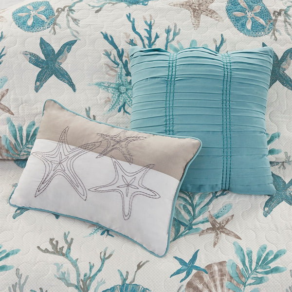 English Elm 6 Piece Cotton Sateen Quilt Set With Coastal Design & Throw Pillows - Aqua Full/Queen Bedding Set B03597652