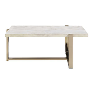 English Elm White Faux Marble Coffee Table with Champagne Geometric Metal Base — Modern Luxe, Durable Design B062P189196