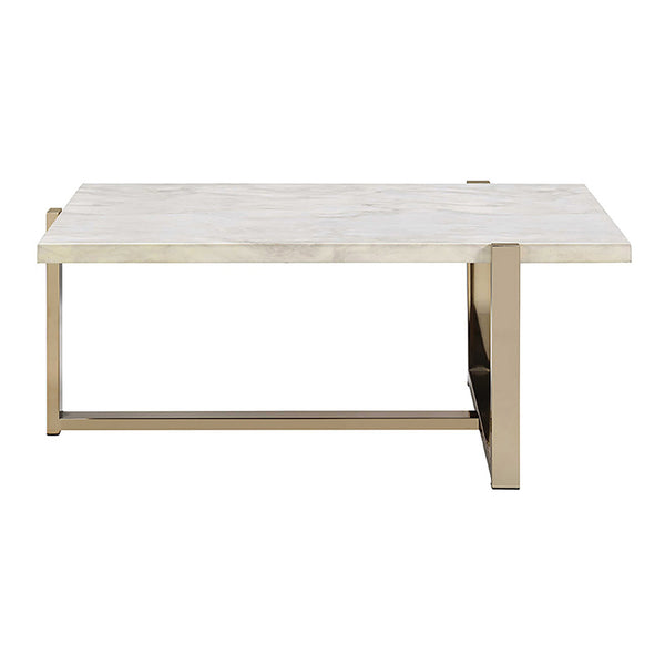 English Elm White Faux Marble Coffee Table with Champagne Geometric Metal Base — Modern Luxe, Durable Design B062P189196