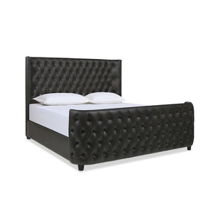 English Elm Brooklyn King Tufted Panel Bed Headboard and Footboard Set, Vintage Black Brown Faux Leather