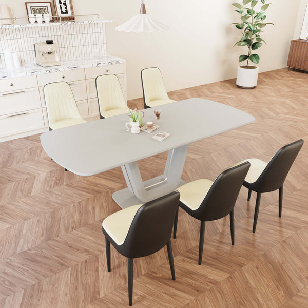 English Elm 62.99-78.74" Extendable Dining Table Set Seats 8 with Six Pu Upholstered Cushioned Chairs Beige+Grey,Black W2189S00857