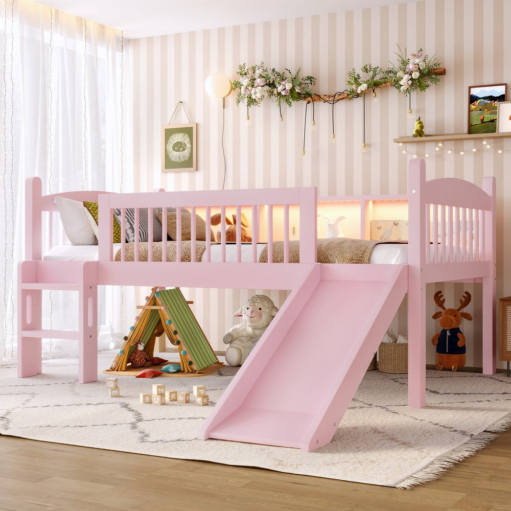 English Elm Twin Low Loft Bed Solid Pine Frame with Built-in Led Lighting and Storage Shelves Pink W1580P395929