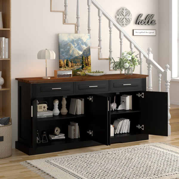 English Elm 63" Fluted Sideboard Buffet Cabinet with Coffee Bar Storage, 4 Doors 3 Drawers, Smooth Silent Slides Black W2917P319112