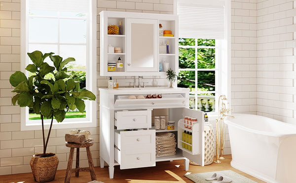 English Elm 36'' Modern Bathroom Vanity with Mirror Cabinet and Sink, Spacious Storage, Soft-Close Doors & Drawers White SW000134AAK-3