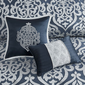 English Elm 8 Piece Jacquard Comforter Set - Luxurious Navy/Silver Cal King Ensemble For Elegant Bedroom Decor B035128891