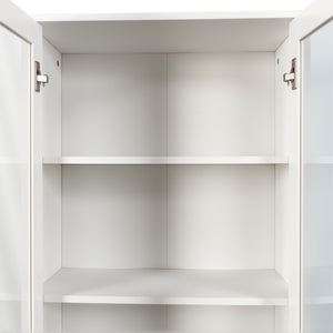 English Elm 70.87" Modern Display Storage Cabinet with 4-Tier Pull-Out Shelves, Dual Glass Doors for Home White W331P295245