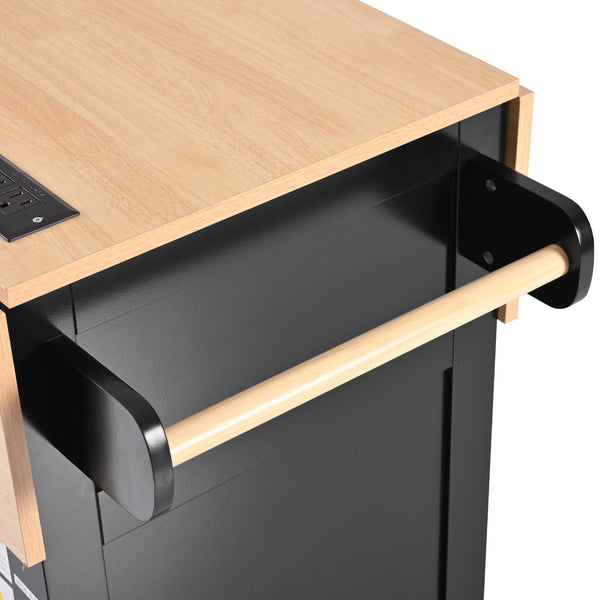 English Elm K&K Convertible 55.7" Folding Kitchen Island Cart with Power Outlet, Spice Rack, 5 Wheels, Multi-Use Black N707P186617B
