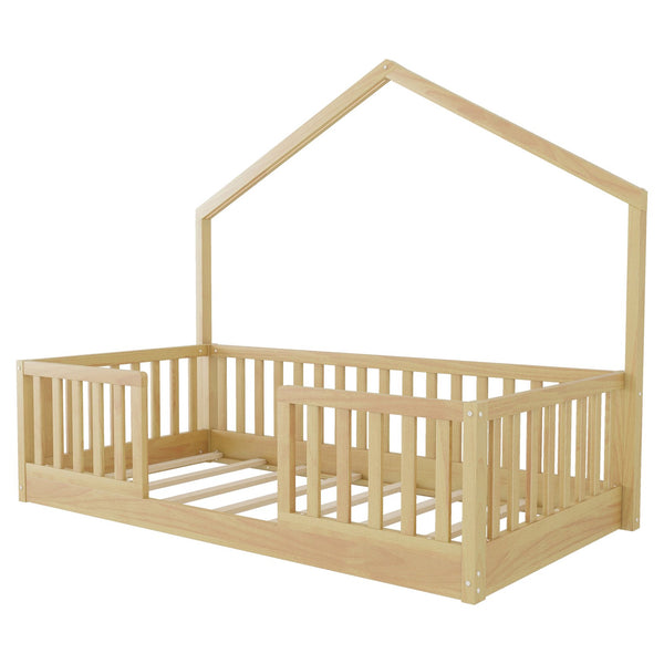 English Elm Twin Montessori Floor Bed House Frame with Led Lighting and Safety Rails for Kids W2593P440601