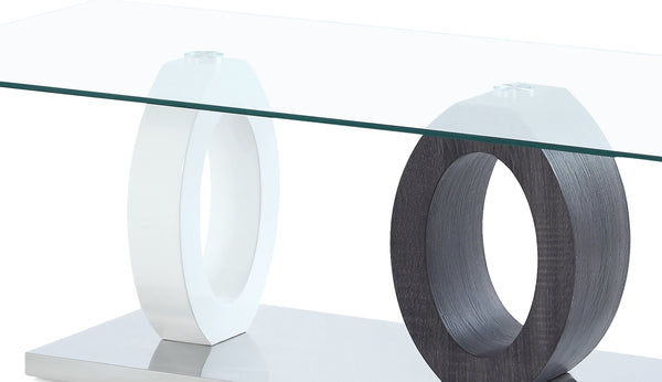 English Elm TRACKER Solid Wood Coffee Table with Glass Top, Silver-Toned Base, Wood Grain Detail, Modern Chic Brown white 17.5 L x 12.5 W x 12 H B201S00063