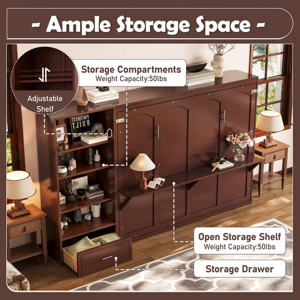 English Elm Queen Murphy Bed with Built-In Shelves, Height-Adjustable Storage & Drawer for Small Spaces Walnut 71.6 L x 21.5 W x 6.1 H N733S309223D