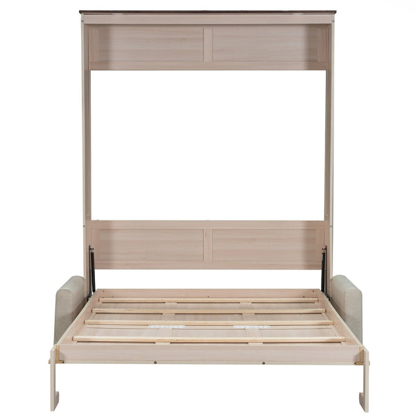 English Elm Queen Murphy Platform Bed with Foldaway Cabinet, Built-In LED, Side Cabinets & Drawers for Small Spaces Beige N7090002230A